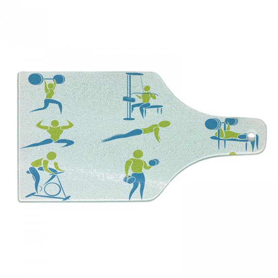 Fitness Cutting Board, Showing Different Gym Activities Weightlifting Equipment, Decorative Tempered Glass Cutting and Serving Board, Wine Bottle Shape, Apple Green Sky Blue, by Ambesonne
