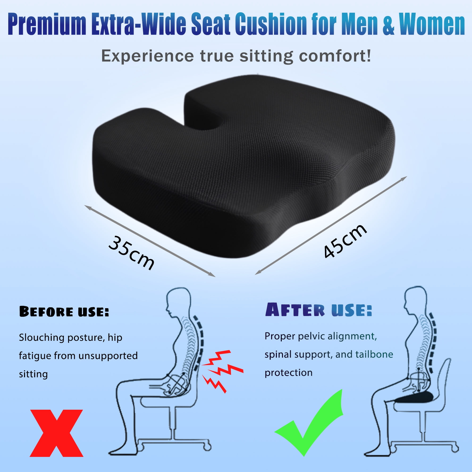 Comopio Memory Foam Seat Cushion for Sciatica, Coccyx & Tailbone Pain Relief, Orthopedic Chair Pillow for Office, Car, Wheelchair & Airplane, Non-Slip Extra Large Premium Support for Desk Chair