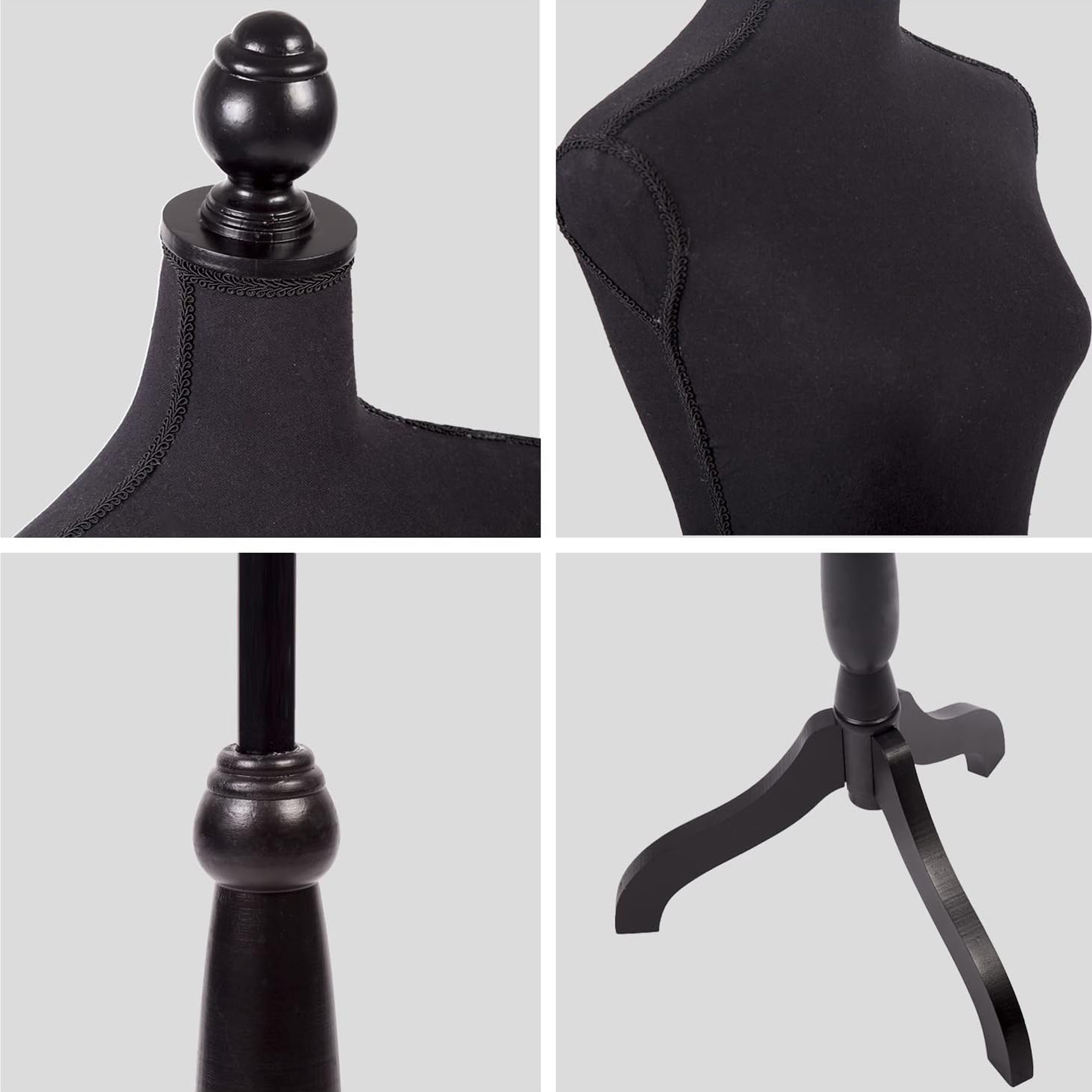 Female Mannequin Dress Form Manikin Body Torso with Wooden Tripod Base Stand Adjustable Height Pinnable Feature for Sewing Dress Jewelry Display, Black