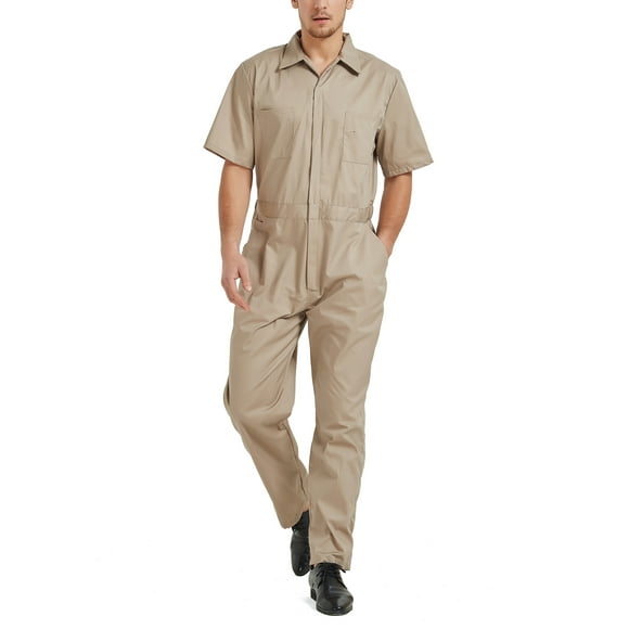 TOPTIE Men's Short-Sleeve Work Coverall Lightweight with Elastic Waist, Khaki Coverall