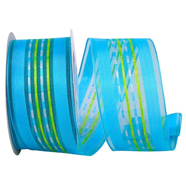 Reliant Ribbon 25746W-053-09F 1.5 in. Sheer Ticking Stripe Value Wired Edge Ribbon, Blue - 10 Yards