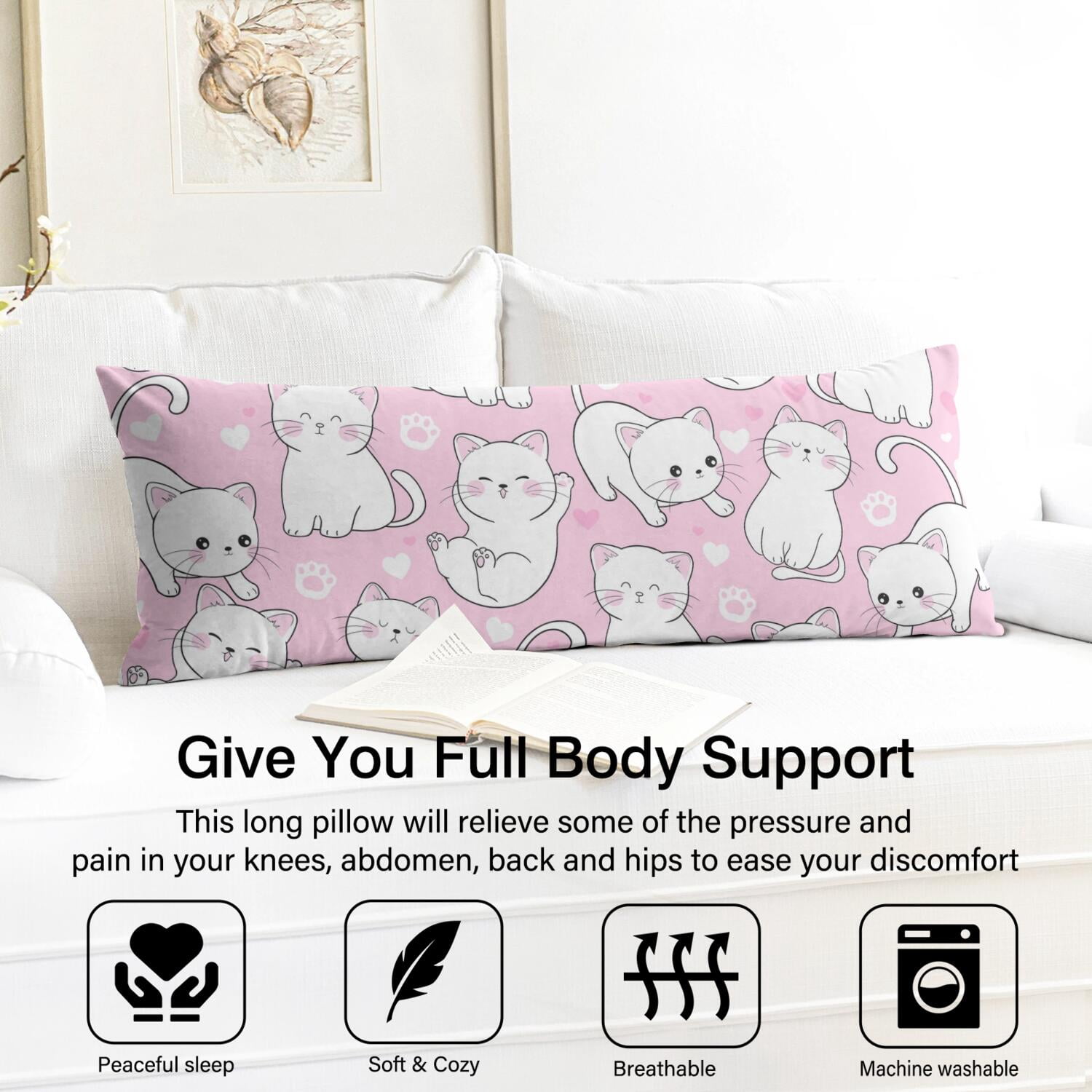 Long Body Pillow Cover – Soft & Breathable, Hidden Zipper, 20"x54", Cute Cat & Paw Print – Perfect Gift for Cat Lovers, Side Sleepers, Pregnancy Support, Pet-Themed Decor