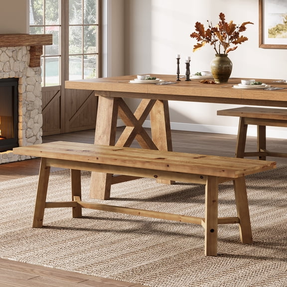 Finmind 55.12-inch Solid Wood Dining Bench, Farmhouse Long Kitchen Bench with Strengthened Legs for Dining Room, Kitchen, Living Room, Brown