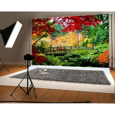 Image of Polyester Fabric 7x5ft Photography Backdrop Park Autumn Scenery Maple Leaves Bridge Children Baby Kids Video Studio Photos Shooting Props