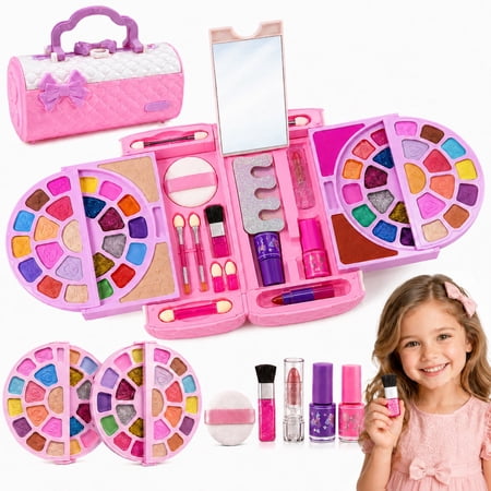 JoyStone Kids Portable Pretend Makeup Kit for Girls Built-in Mirror Colorful Eye Shadows Brushes Play Toy Gift for Kids Ages 3+