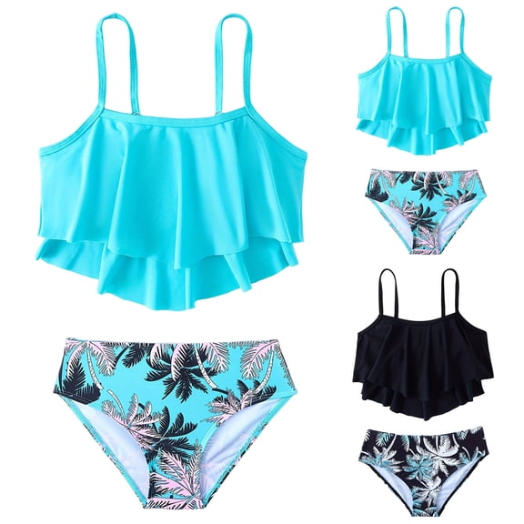 WUANDIXFA Girls Bikini 2 Piece Swimsuit Set Tiered Flounce Bathing Suit Adjustable Straps Girls' Swimwear (Blue, 11-12 Years)