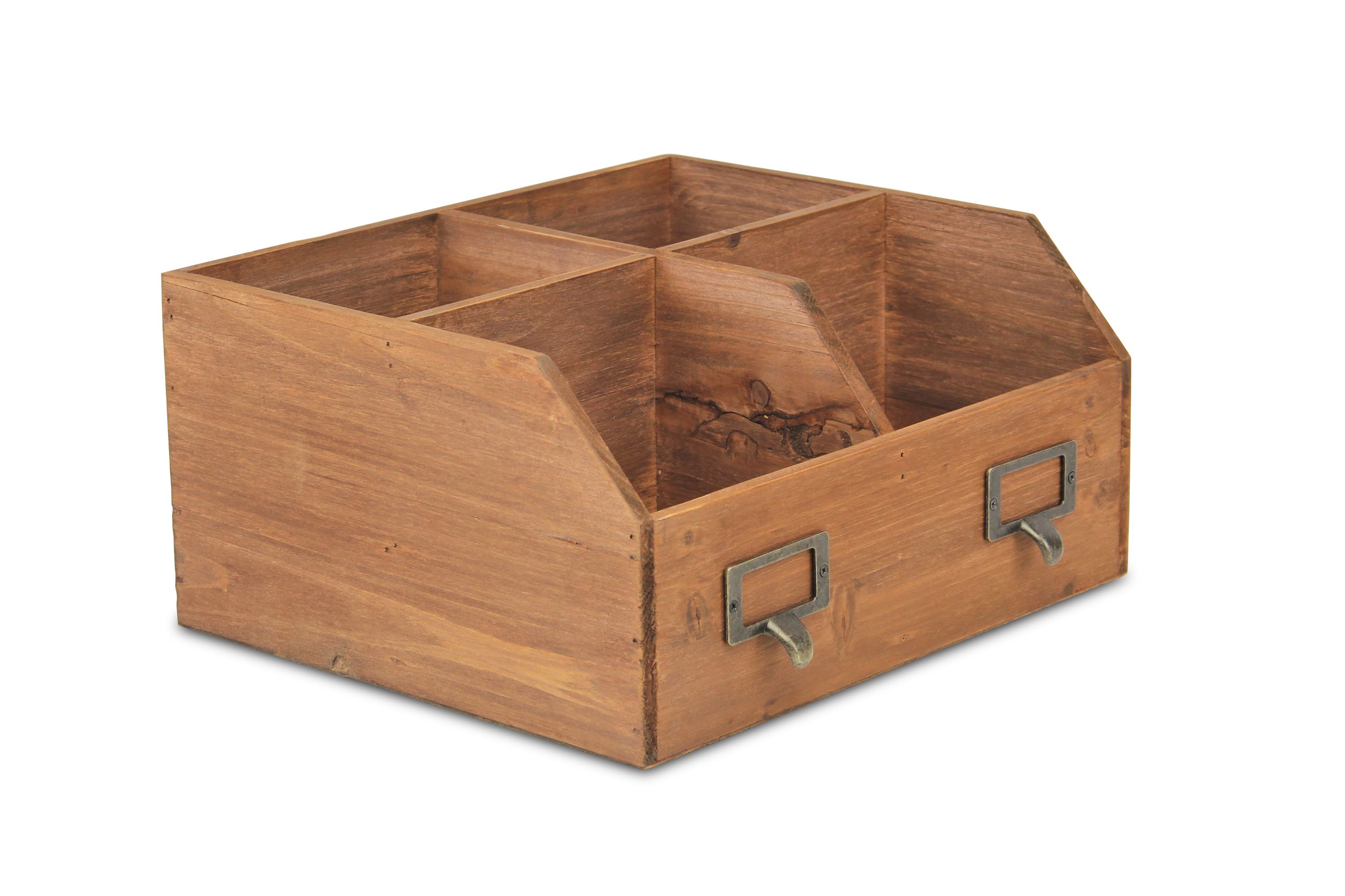 10" Brown Wooden Box with Four Slot Desk Organizer