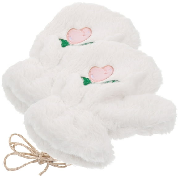 PAMINGONO 1 Pair White Polyester Full Finger Fluffy Design Gloves for Woman Outdoor Use
