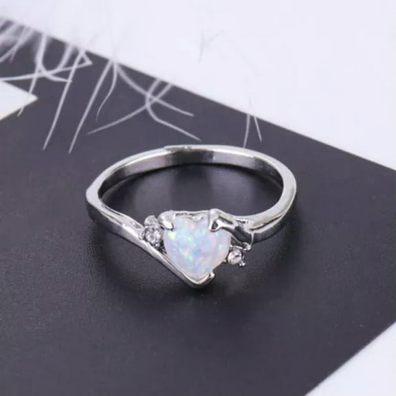 HOOUN Heart Shaped White Fire Opal Ring 925 Silver Zircon Women Wedding Couple Jewelry-01#-9