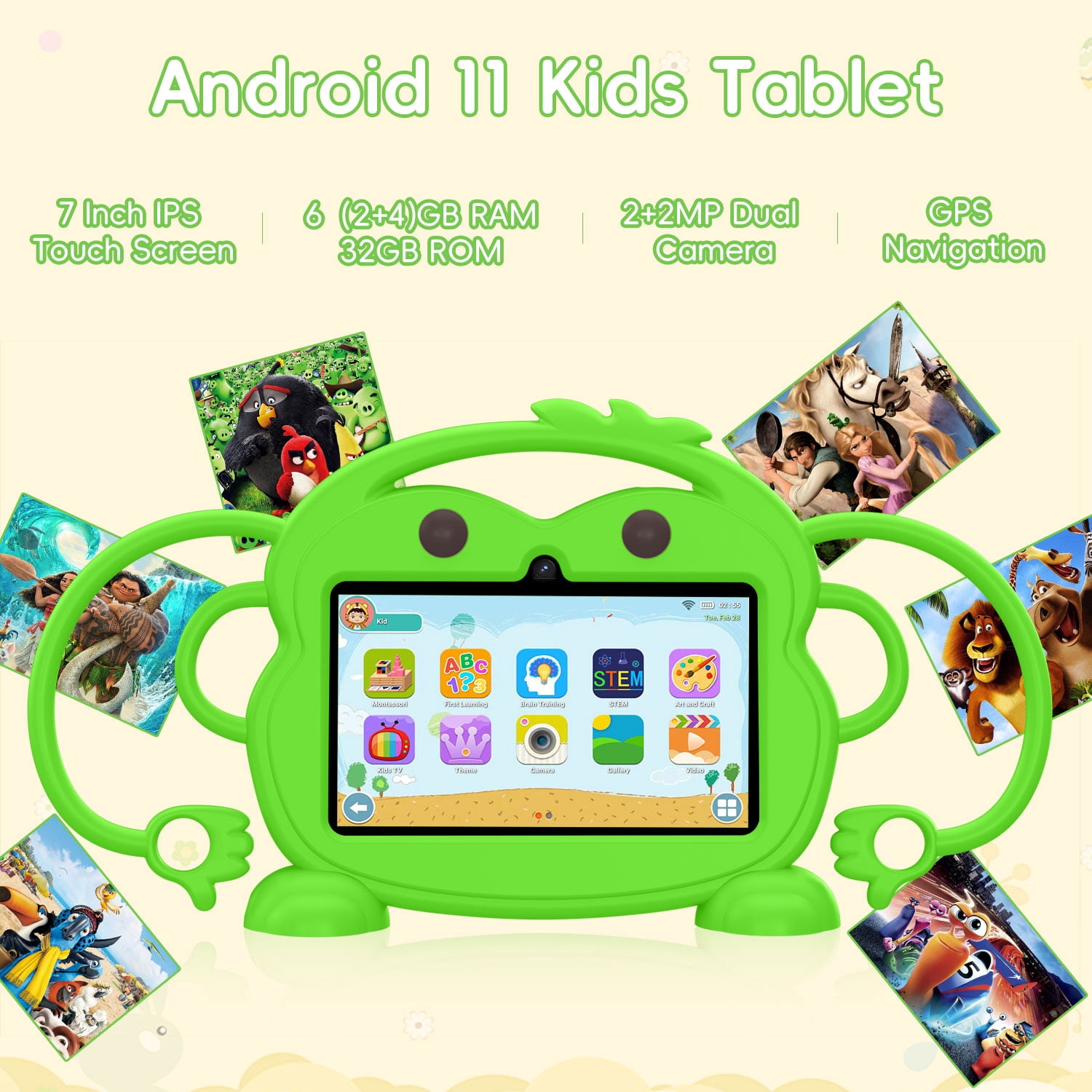 Kids Tablet, 7 inch Android Tablet for Kids, 6GB RAM 32GB ROM Quad-Core Toddler Tablet with Shockproof Case, Bluetooth, WiFi, Parental Control, 2MP+2MP Dual Camera, GPS, Games
