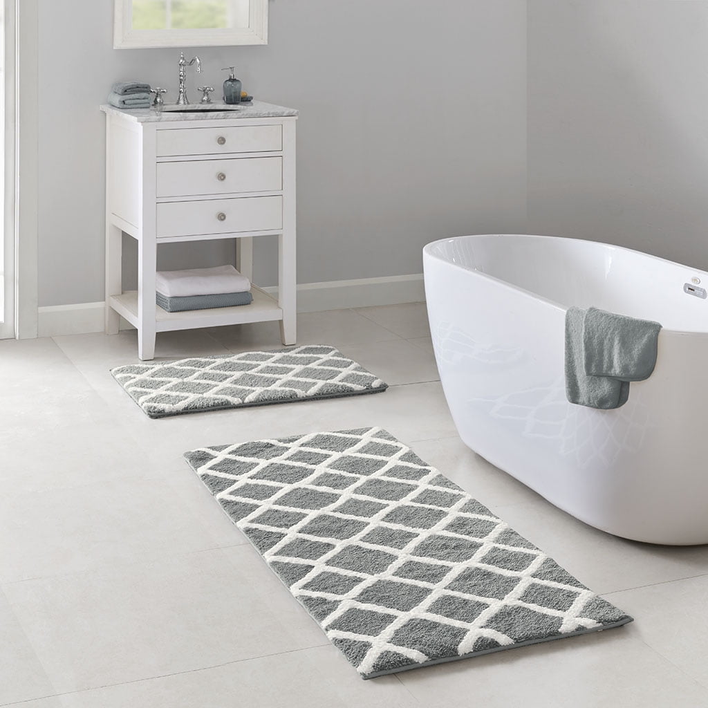 MAYEERTY Bathroom Rug, Reversible High Pile Tufted Microfiber Bath Mat, Grey, 24"W x 60"L