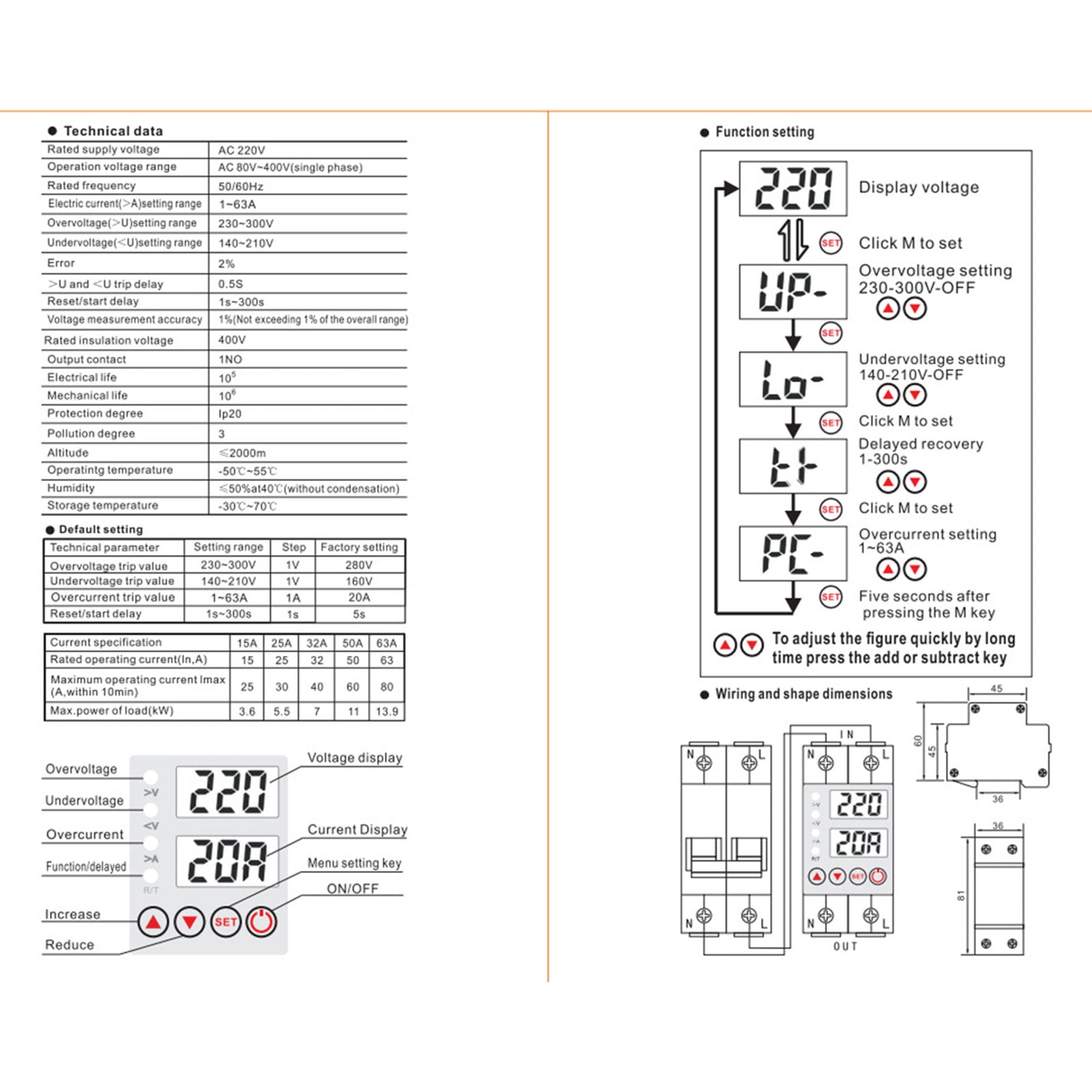 Geemin 63A Din Rail 220V Adjustable Over and Under Voltage Protective Device Protector