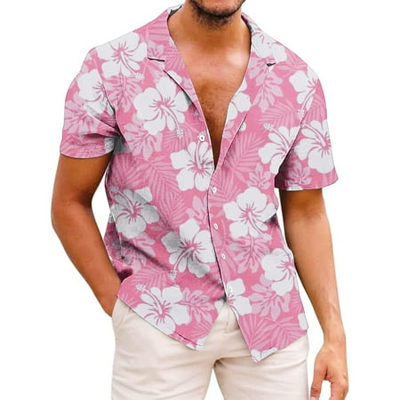 UVEASISHA Floral Beach Shirts for Men Mens Hawaiian Shirts Short Sleeve Casual Button Down Tropical Vacation Shirt Oversized Aloha Shirt 2025 Pink M