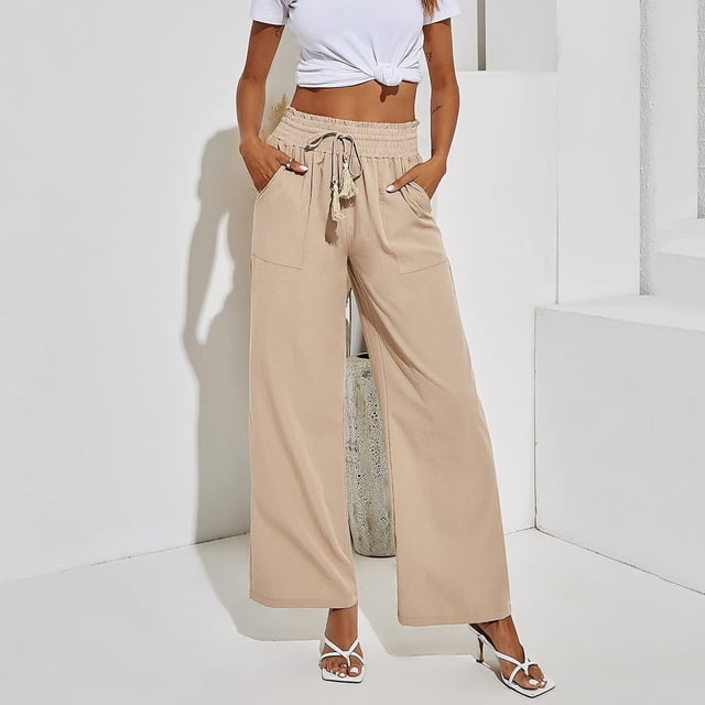 Pantalones holgados con cordón, pantalones de pierna ancha para mujer, pantalones de playa con cintura elástica, pantalones casuales de cintura alta, compactos y livianos