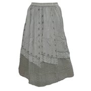 Mogul Womens Bohemian Skirt Embroidered Stonewashed Grey Summer Skirts