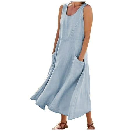 Green Blouses For Women Dressy Casual  Tank Solid Sleeveless Cotton Linen Long Dress With Pocket Babydoll Christening Dresses Girl Bridal Shower Guest Dresses Cocktail Dresses (XXL  Blue) ZMTing