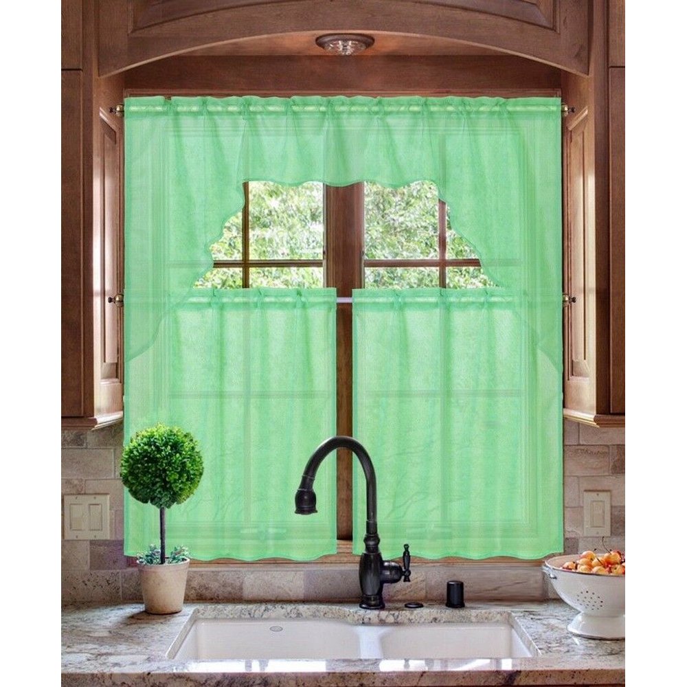 K66 SAGE GREEN 3PC Luxurious Sheer Organza Kitchen Rod Pocket Window