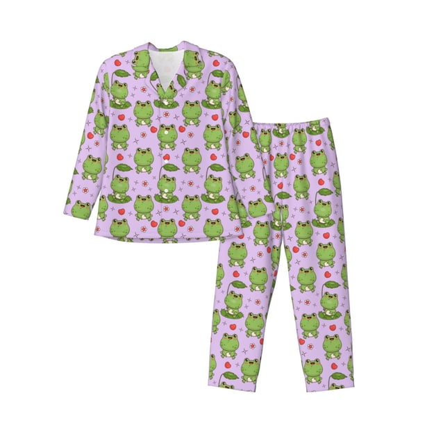 Balery Happy Frogs1 Pijama para Hombre de Dos Piezas con Manga Larga, Conjunto de Dormir y Descanso Suave con Bolsillos-Large