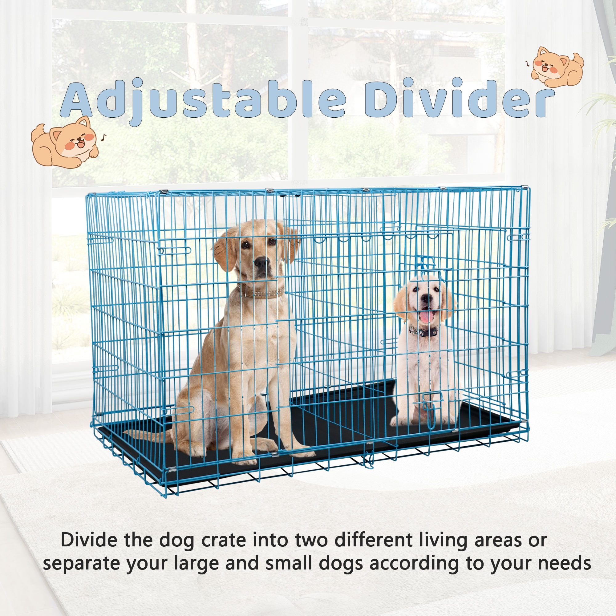 YRLLENSDAN 42 inch Foldable Large Dog Crate for Large Dogs, Metal Wire Dog Cage with Plastic Tray and Handle Double-Door Outdoor Dog Crates and Kennels for Medium Dogs, Blue
