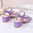 thumbnail image 4 of Girls Sandals Solid Color Squared Open Toe Glitter Rhinestone Band Low Heeled Flower Girl Party Wedding Dress Shoes Purple 4 Big Kid, 4 of 6