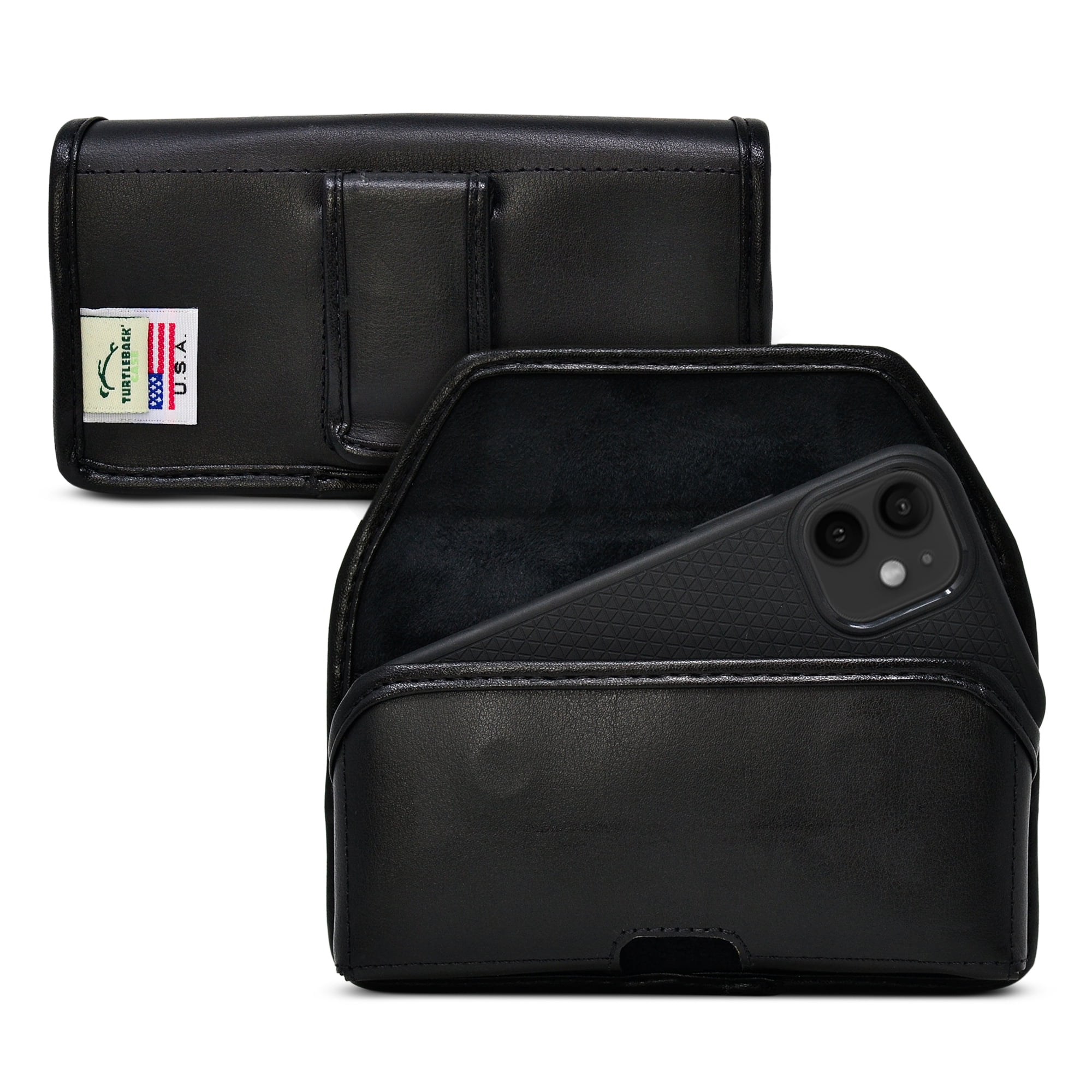 iPhone 12 13 Mini Belt Case Black Leather Holster with Executive Belt Clip, Horizontal