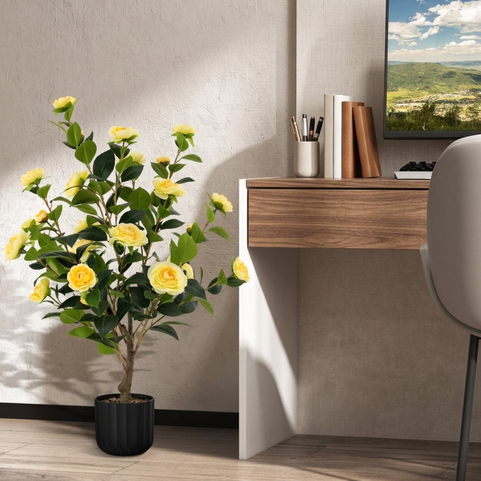 Vebreda Artificial Plant Decor, 38 Inch Artificial Camellia Tree Faux Flower Plant in Cement Pot, Gorgeous and Vivid Appearance