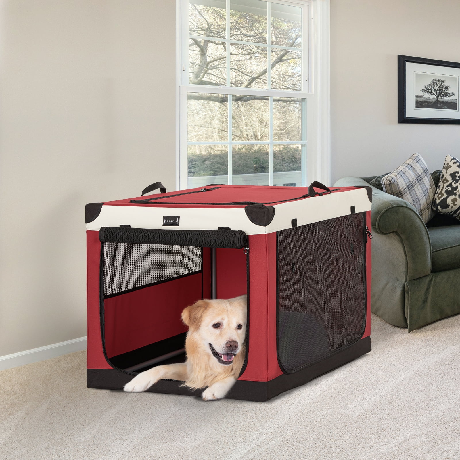 Petsfit 36 Inch Dog Crate, Adjustable Fabric Cover by Spiral Iron Pipe, Chew Proof 3 Door Design, Soft Collapsible Dog Kennel,Red