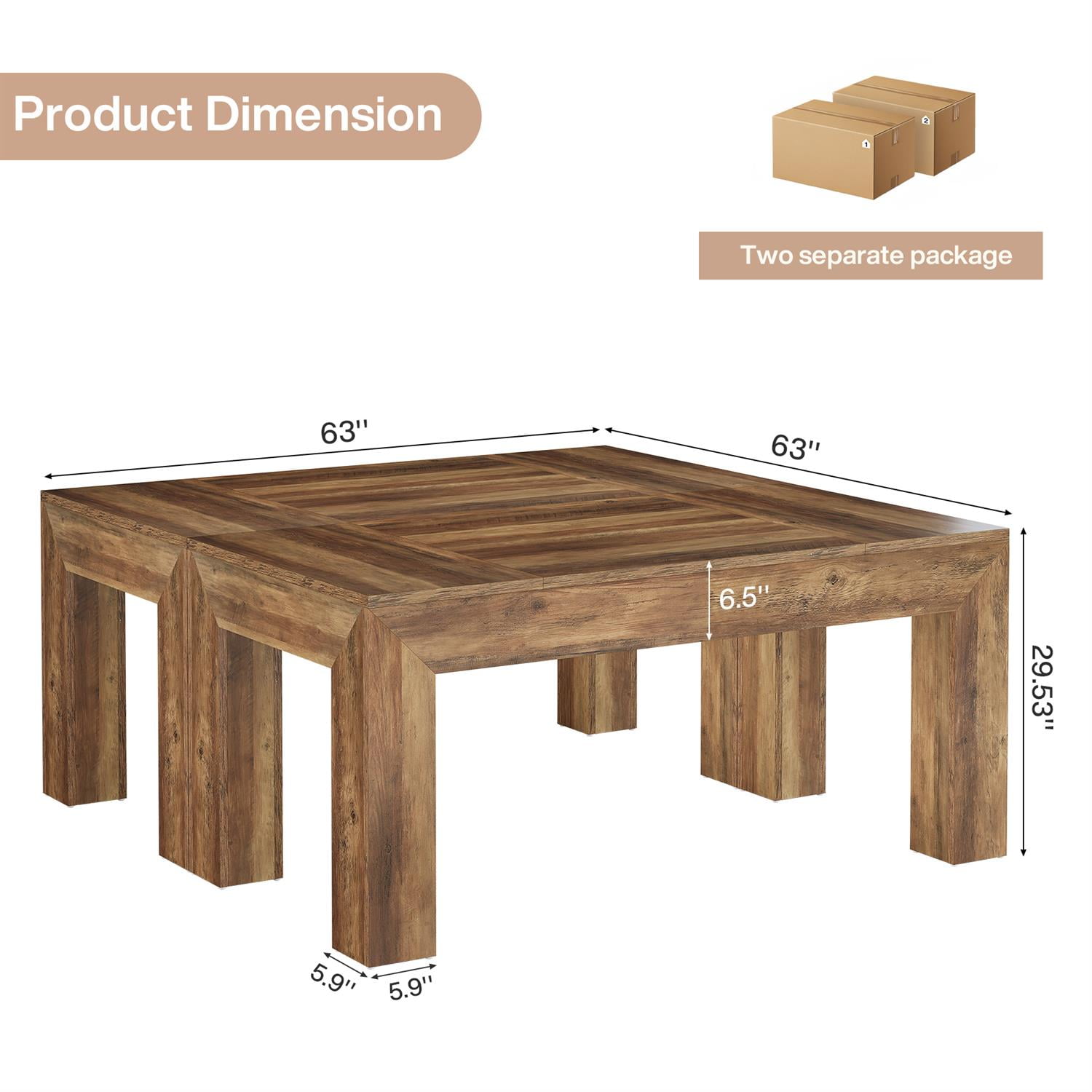 Demi Bonn 62" Solid Wood Rectangular Dining Table with Thick Legged for Home & Kitchen, Sturdy & Durable, Brown