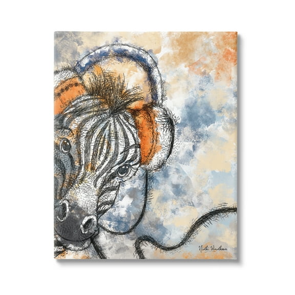 Stupell Industries Zebra with Headphones Animals & Insects Painting Gallery Wrapped Canvas Print Wall Art, 16 x 20