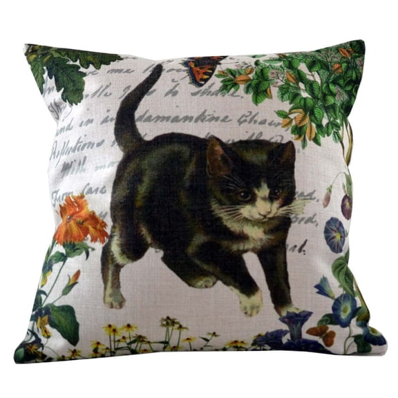 18" Black and White Kitten on a Calligraphy Background Throw Pillow