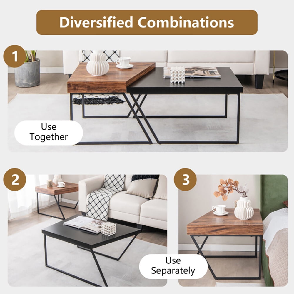 Finihen Coffee Table, Coffee Table Set of 2 with Powder Coated Metal Legs, for Living Room, Reception Room, Brown & Black Finihen Coffee Table, Coffee Table Set of 2 with Powder Coated Metal Legs, for Living Room, Reception Room, Brown & Black