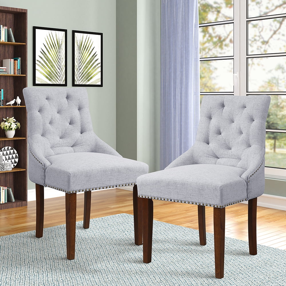 Kepooman Medieval Leisure Padded Dining Chairs Set of 4, Tufted High Back Accent Home Chairs with Nailed Trim Solid Wood Legs for Dining Room/Living Room/Kitchen, Grey Kepooman Medieval Leisure Padded Dining Chairs Set of 4, Tufted High Back Accent Home Chairs with Nailed Trim Solid Wood Legs for Dining Room/Living Room/Kitchen, Grey
