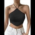 thumbnail image 1 of Top Corto de Punto con Cuello Halter, Sin Mangas y Dobladillo Asimétrico Anudado para Mujer Negro S, 1 of 4