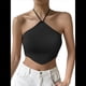 thumbnail image 1 of Top Corto de Punto con Cuello Halter, Sin Mangas y Dobladillo Asimétrico Anudado para Mujer Negro S, 1 of 4