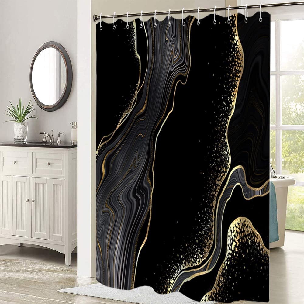 Marble Shower Curtain, Gold and Black Luxury Liquid Marble Shower Curtain Set for Bathroom Waterproof Polyester Fabric Modern Ink Texture Bathroom Decor with Hooks, 72x72 Inch