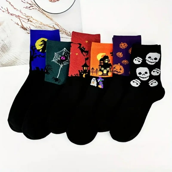 Monebena 6 Pairs Halloween Socks Women Novelty Pumpkin Ghost Socks Cotton Spooky Horror Socks Fall Stocking Halloween Gifts for Adult M01
