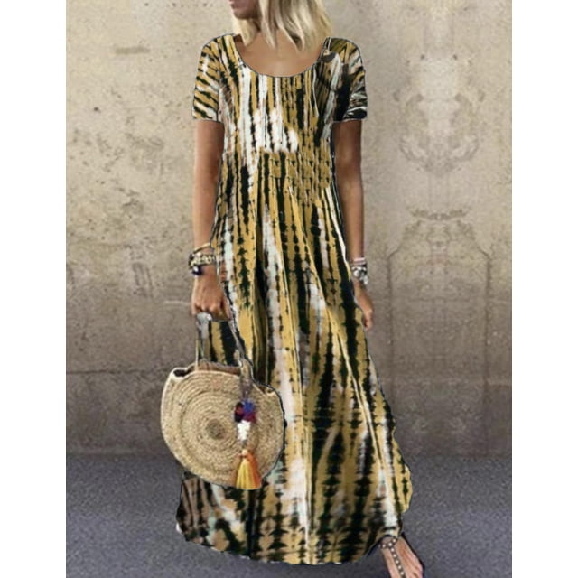 Robe d'Été pour Femme Robe de Plage Robe Ample Robe Maxi Robe Bohème Teinture sur Nœuds à Manches Courtes Robe à Col Ras du Cou