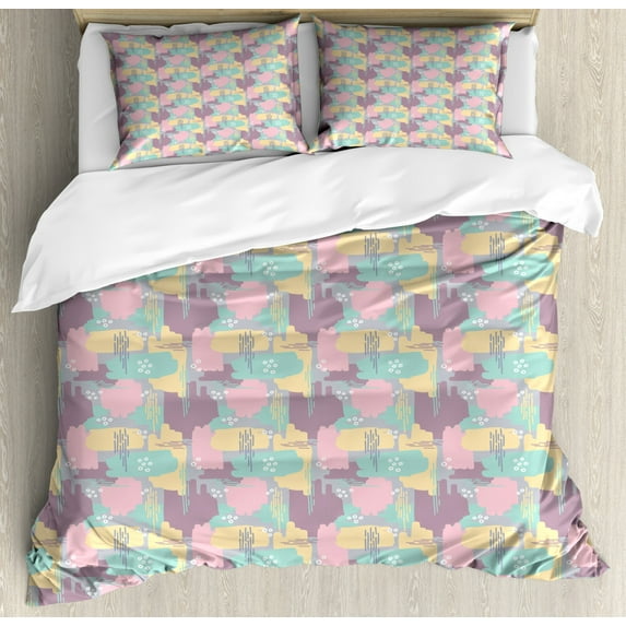 Abstract Duvet Cover Set King Size, Pastel Color 90s Retro Memphis Style Paint Brush Stroked Funky Conceptual Pattern, Decorative 3 Piece Bedding Set with 2 Pillow Shams, Multicolor, by Ambesonne