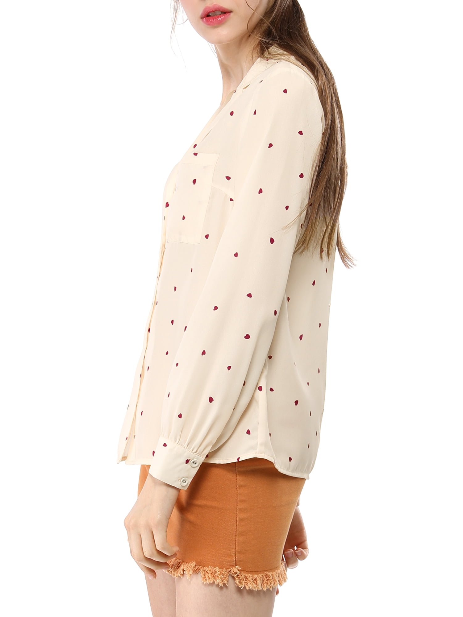 DARING DIVA Women's Notched Lapel V Neck Heart Polka Dots Shirt L Beige
