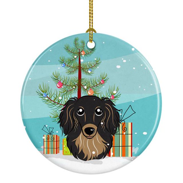 Christmas Tree & Longhair Black & Tan Dachshund Ceramic Ornament
