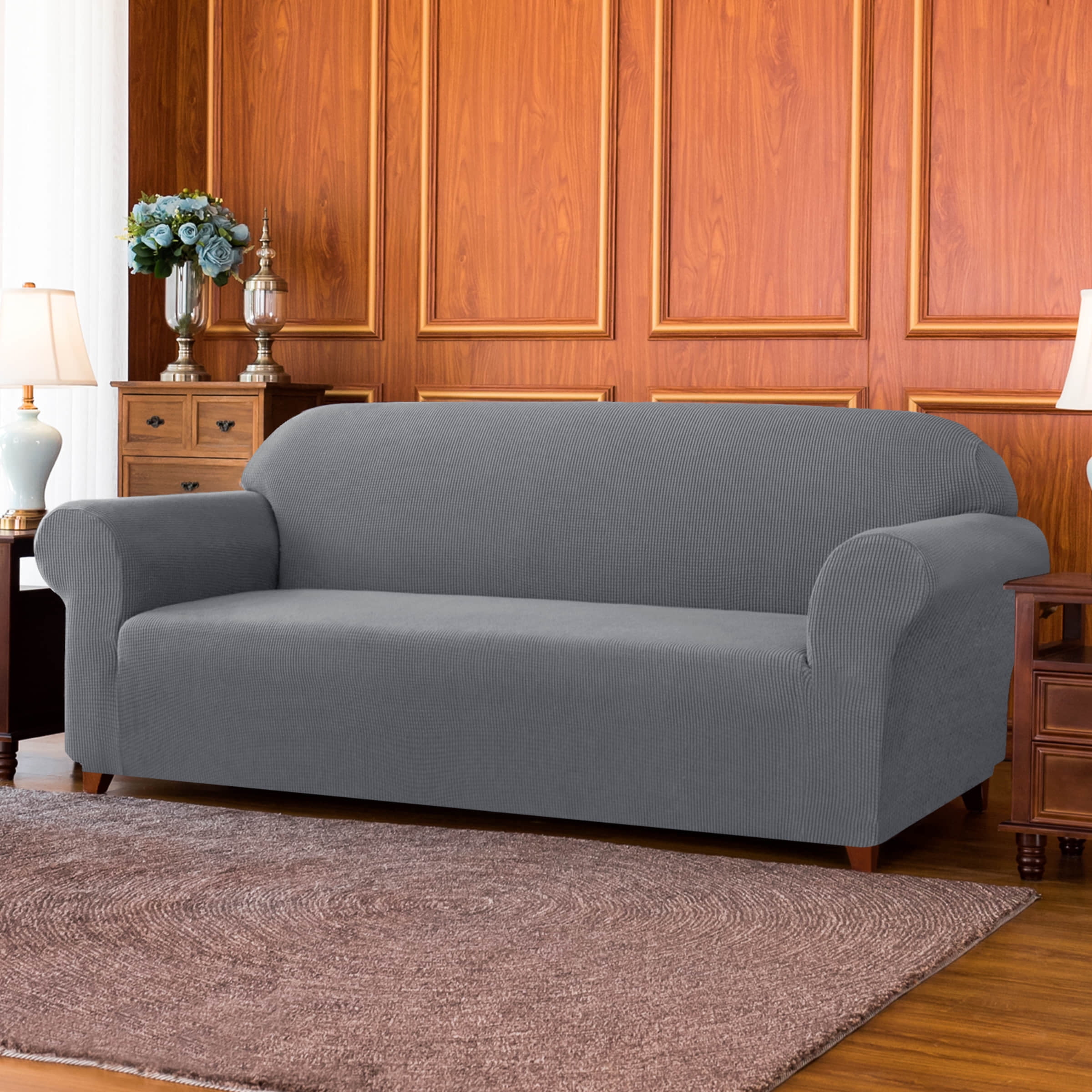 Subrtex Stretch 1-Piece Textured Grid Loveseat Slipcover, Light Gray
