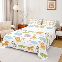 Feelyou Giraffe Lion Dino Full Size Sheets, Tiger Zebra Wildlife Kid Bed Sheets, 4pcs