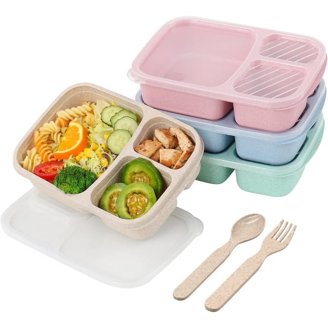 paquete de 4 loncheras bento, contenedores de preparación de comidas de 3 compartimentos en tonos pastel apilados, una unidad abierta en primer plano muestra tres compartimentos con porciones de comida; tapa translúcida y cubiertos reutilizables incluidos, adecuado para empacado de comidas y lonchera escolar.