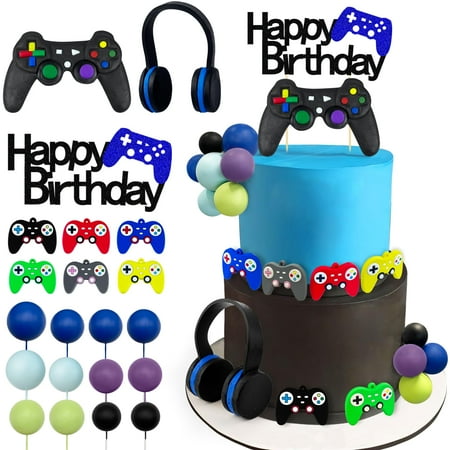 21 PCS Video PresNok Game Birthday Cake Toppers Controller Headset Ball Cake Decoration for Video Game Theme Birthday Party Supplies
