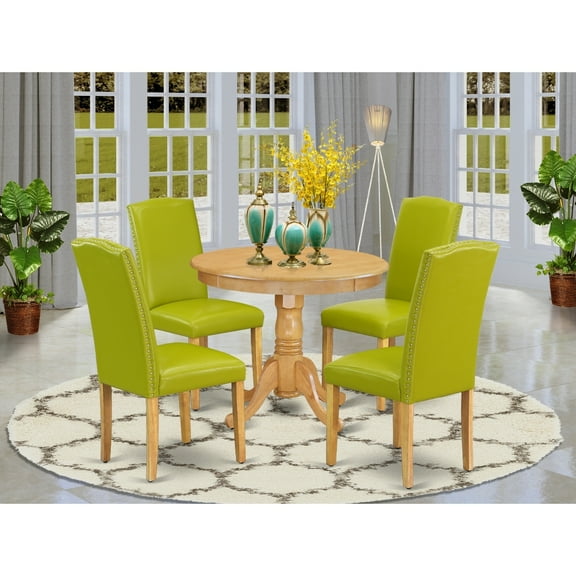 Farmhouse Round Dining Set - 5Pc Table & Chairs, 36" Table, Oak Legs, PU Leather, Autumn Green