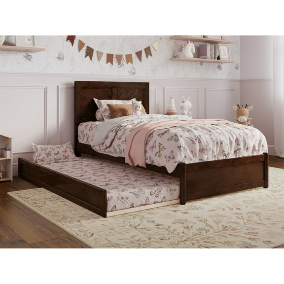 Clayton Twin Wood Platform Bed with Panel Footboard and Twin Trundle in Walnut