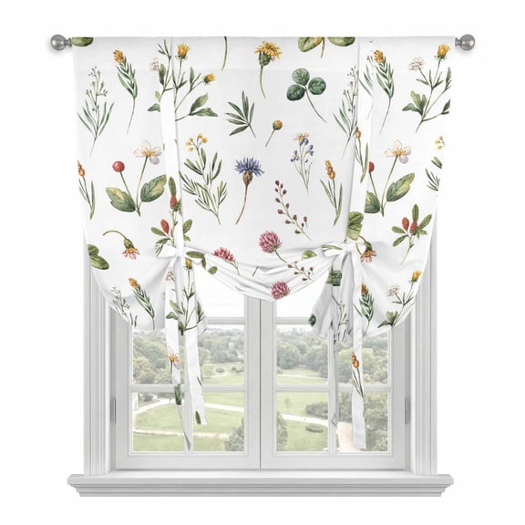 Botanical Flower Balloon Curtains 63 Inch Length for Living Room/Bedroom, Spring Watercolor Floral Leaf Plant Rod Pocket Privacy Door Curtains Decorative Tie Up Shade for Window 52"x63"