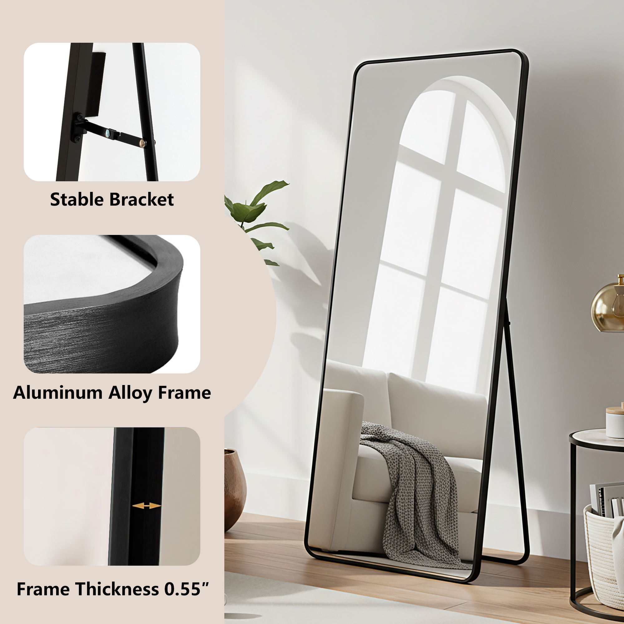 MAYEERTY Black Rounded Corner Full Length Mirror, Wall Mount or Freestanding for Bedroom/Living Room, 71" × 32"