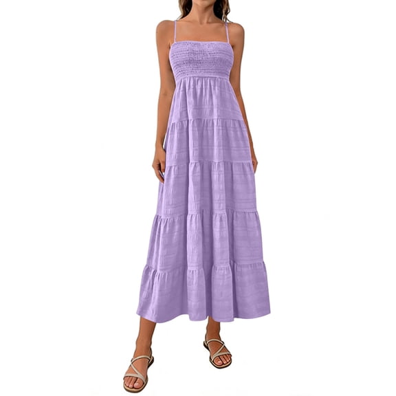 CIENVNSTG Women's Spaghetti Strap Maxi Dress Summer Sleeveless Dress Casual Boho Tube Top Backless Flowy Long Dresses Purple L
