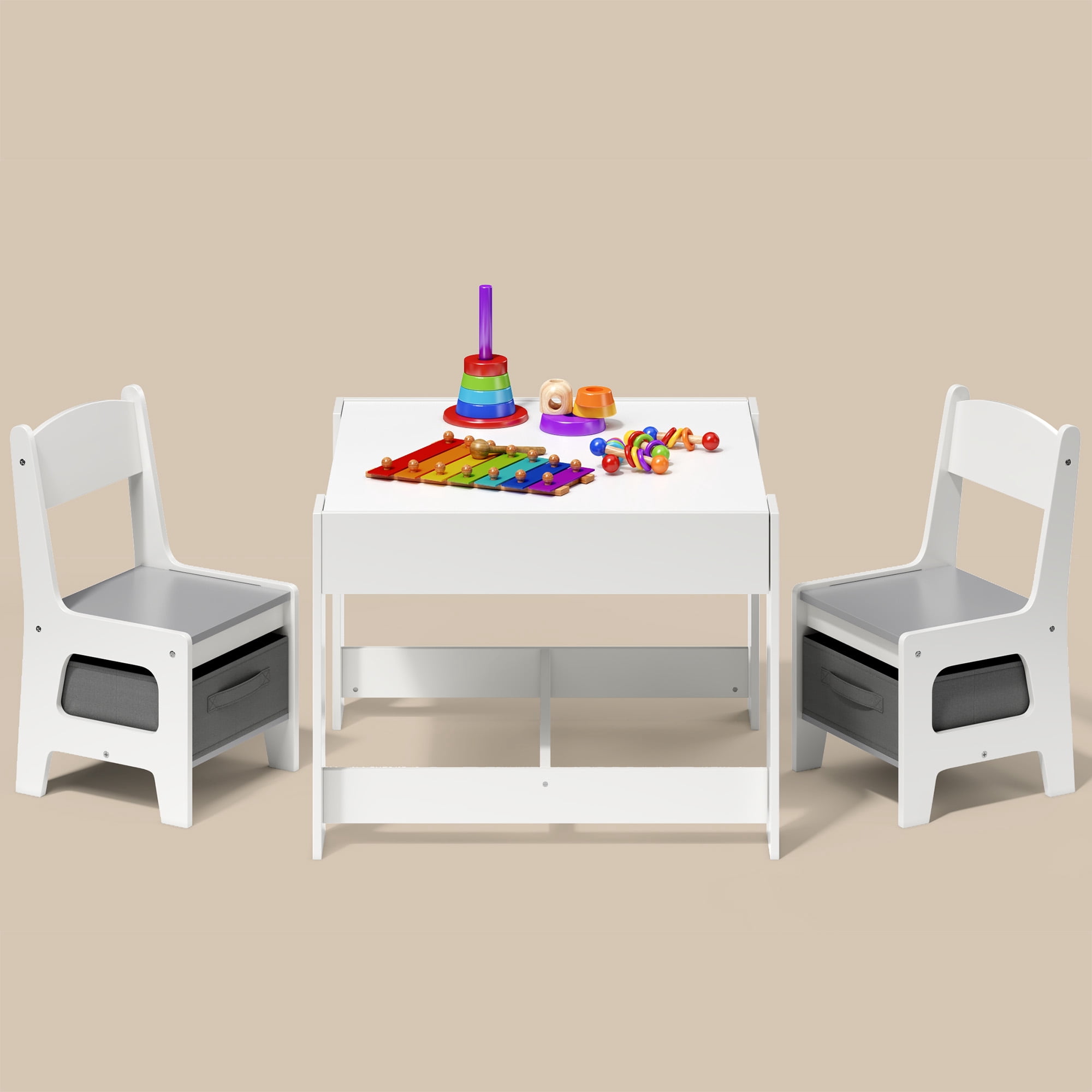 Kid's Table and Chairs Set, Asofer Toddler Craft Table with Removable Desktop Storage, Versatile for Playing Studying Eating, White/Gray